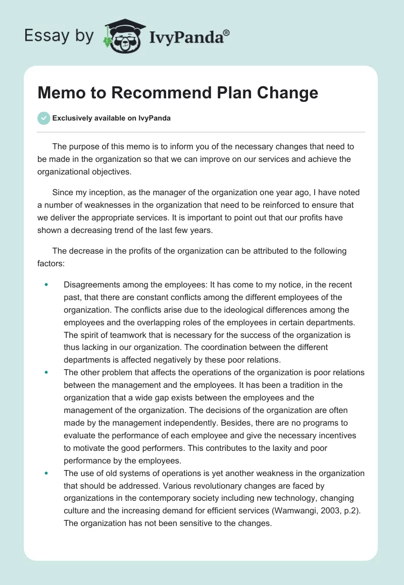 Memo to Recommend Plan Change. Page 1