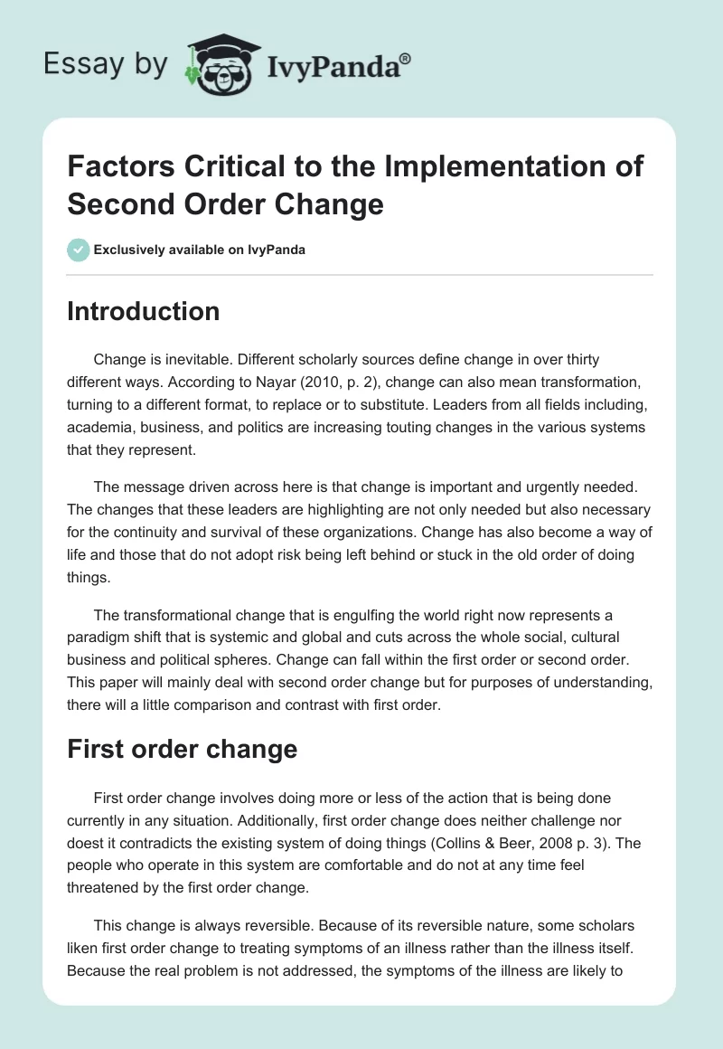 Factors Critical to the Implementation of Second Order Change. Page 1