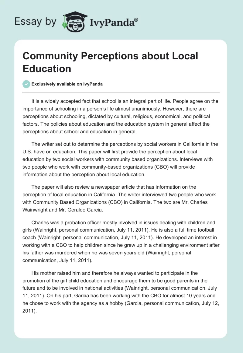 Community Perceptions about Local Education. Page 1