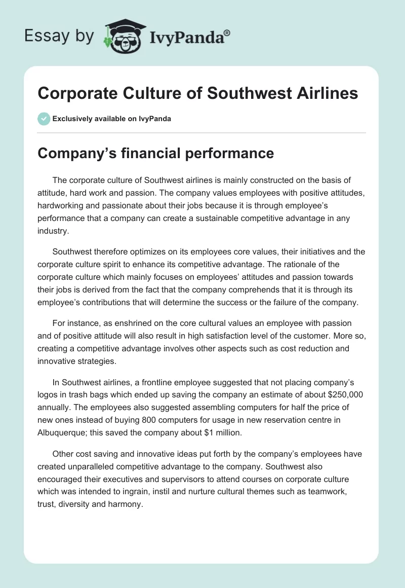 Corporate Culture of Southwest Airlines. Page 1