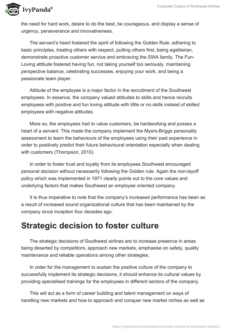 Corporate Culture of Southwest Airlines. Page 4