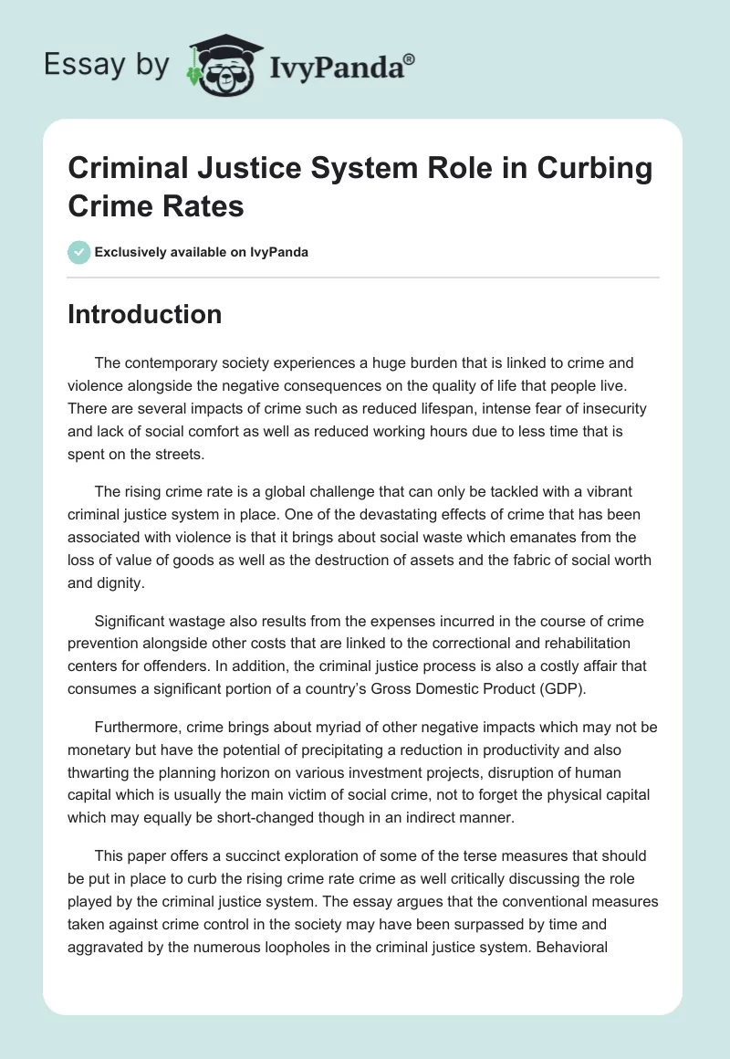 Criminal Justice System Role in Curbing Crime Rates. Page 1