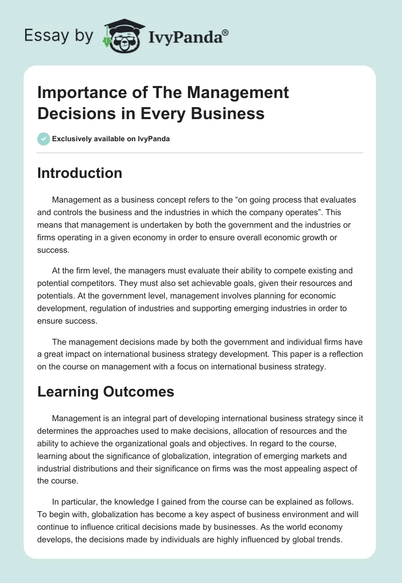 Importance of The Management Decisions in Every Business. Page 1