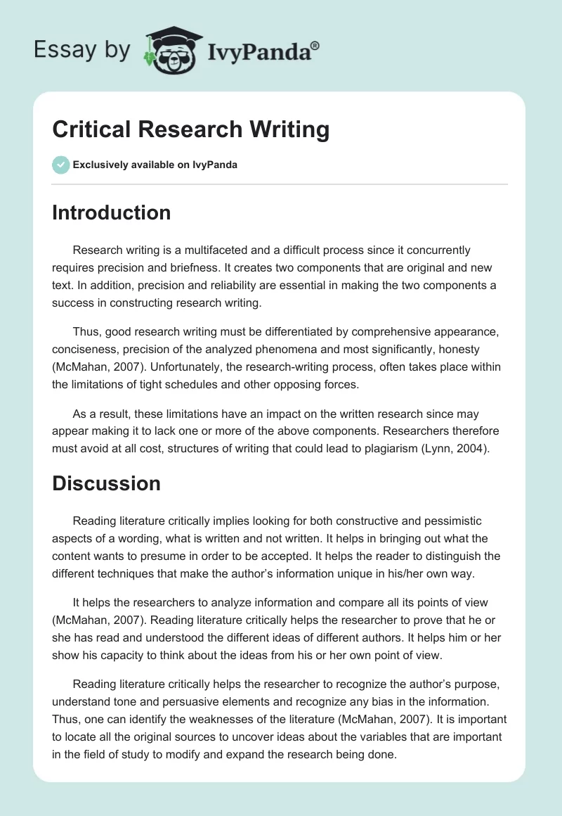 Critical Research Writing. Page 1