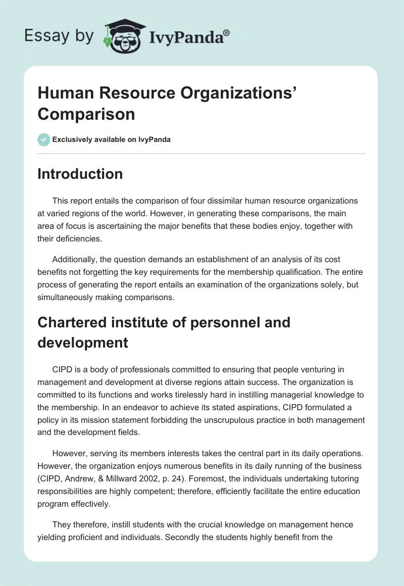 Human Resource Organizations’ Comparison. Page 1
