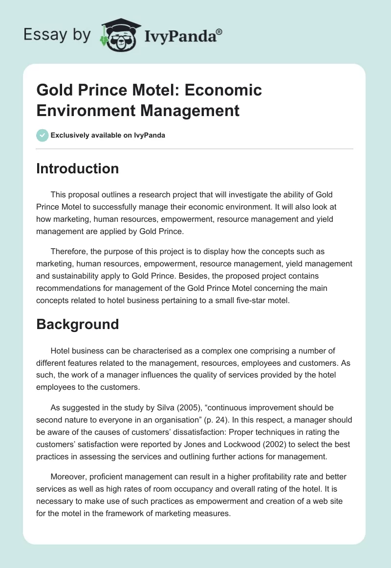 Gold Prince Motel: Economic Environment Management. Page 1