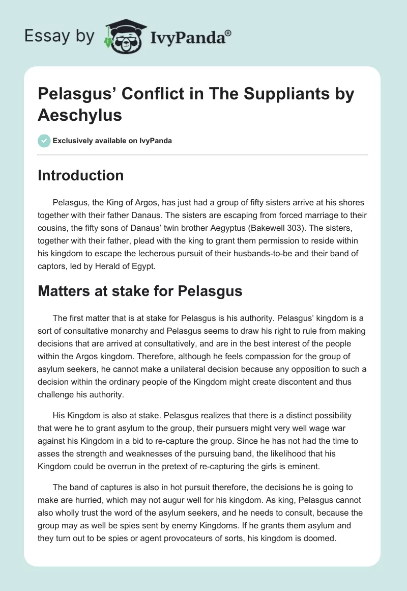 Pelasgus’ Conflict in The Suppliants by Aeschylus. Page 1
