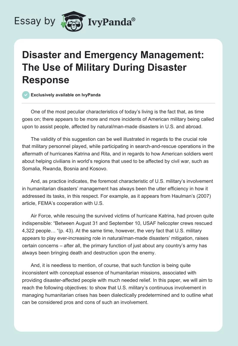 Disaster and Emergency Management: The Use of Military During Disaster Response. Page 1