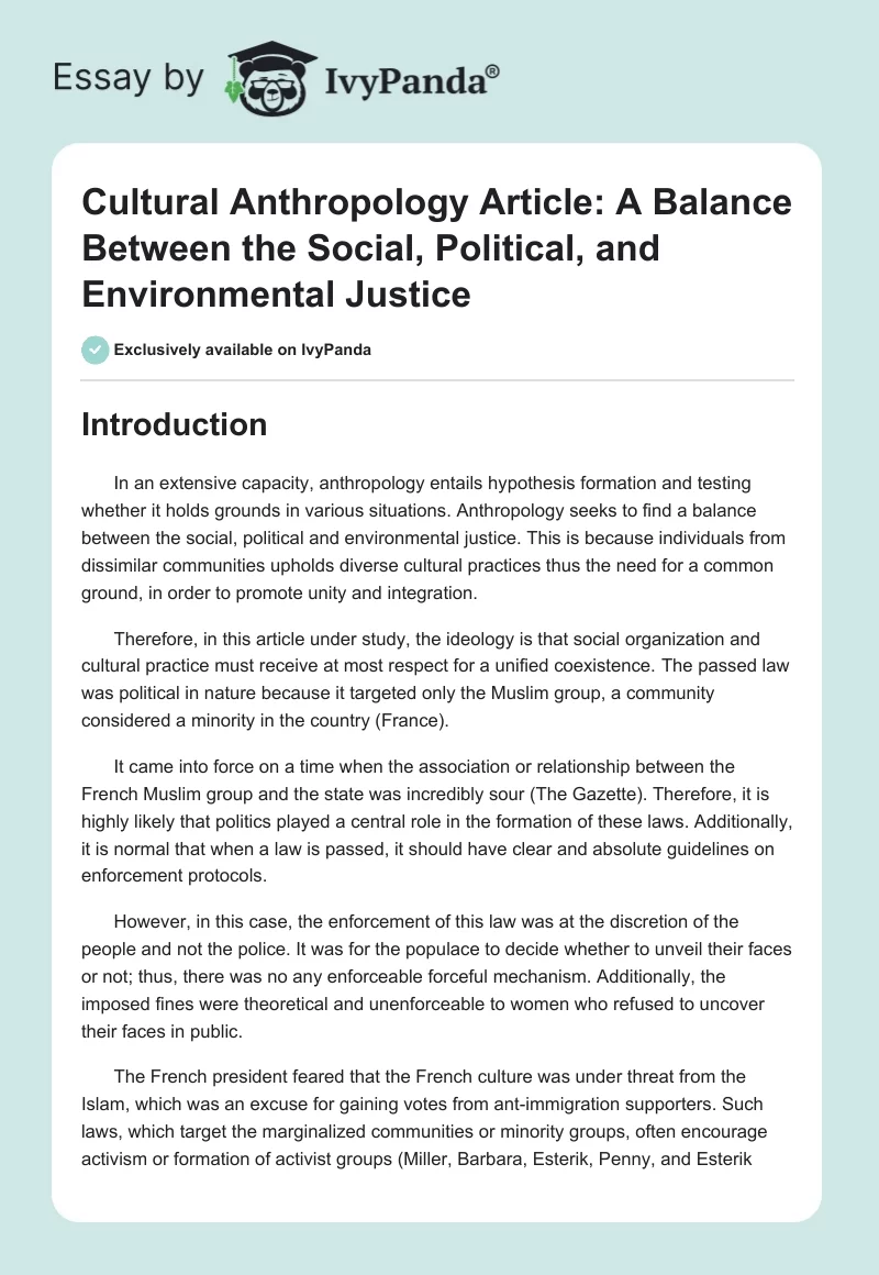 Cultural Anthropology Article: A Balance Between the Social, Political, and Environmental Justice. Page 1