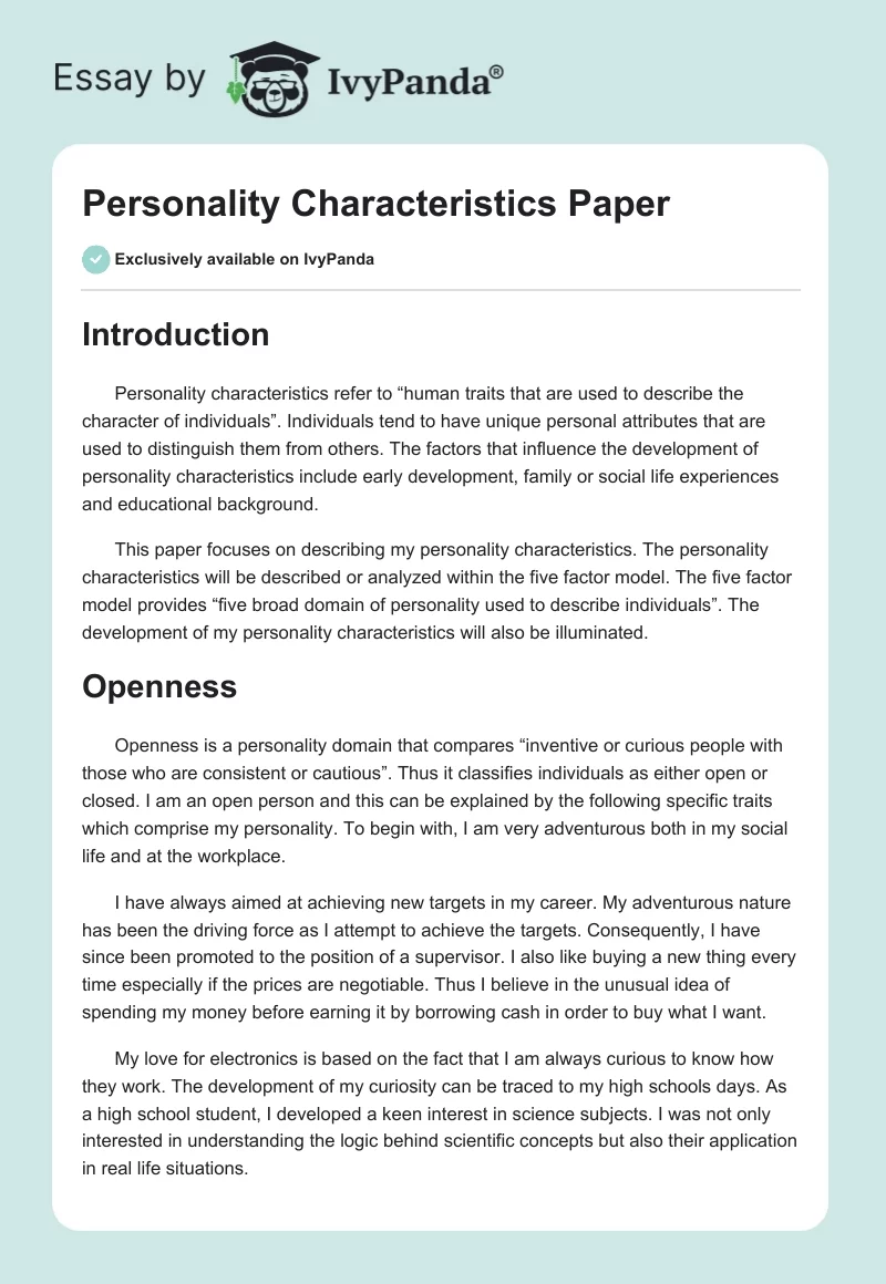 Personality Characteristics Paper. Page 1