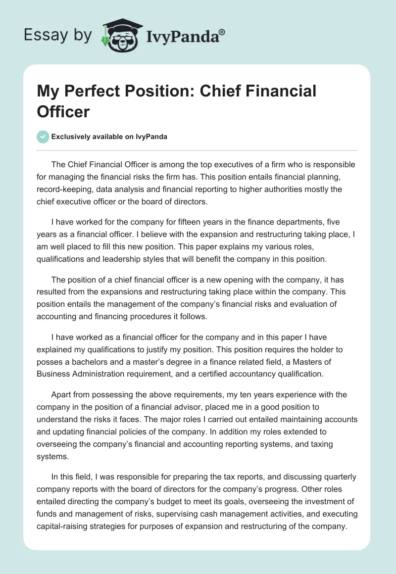 My Perfect Position: Chief Financial Officer. Page 1