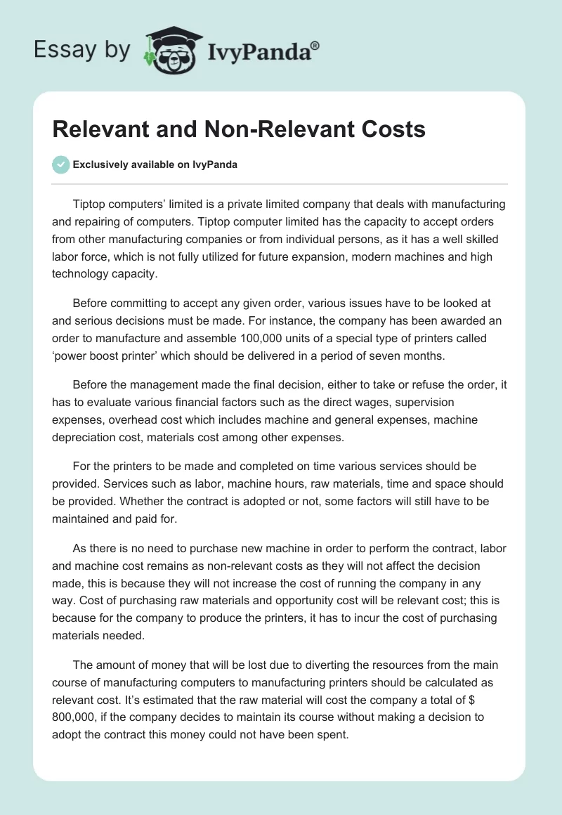 Relevant and Non-Relevant Costs. Page 1