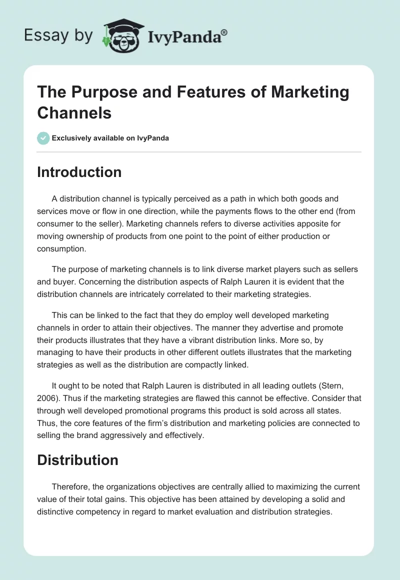 The Purpose and Features of Marketing Channels. Page 1