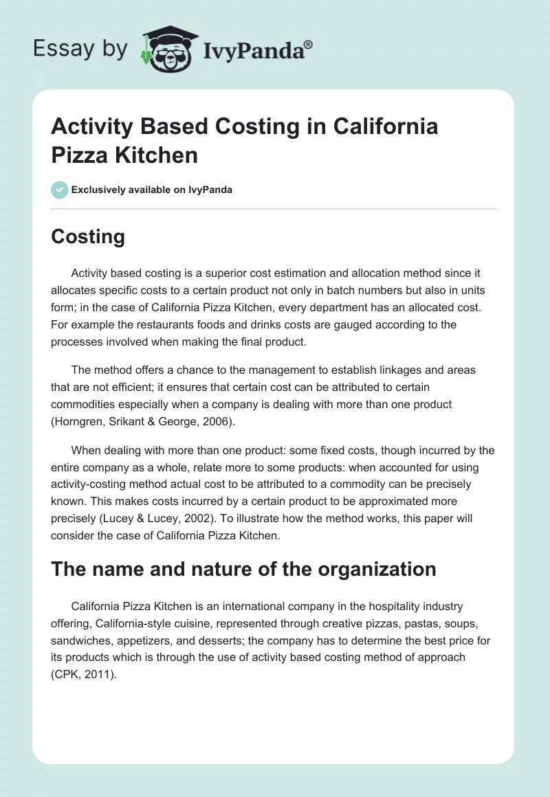 Activity Based Costing in California Pizza Kitchen. Page 1