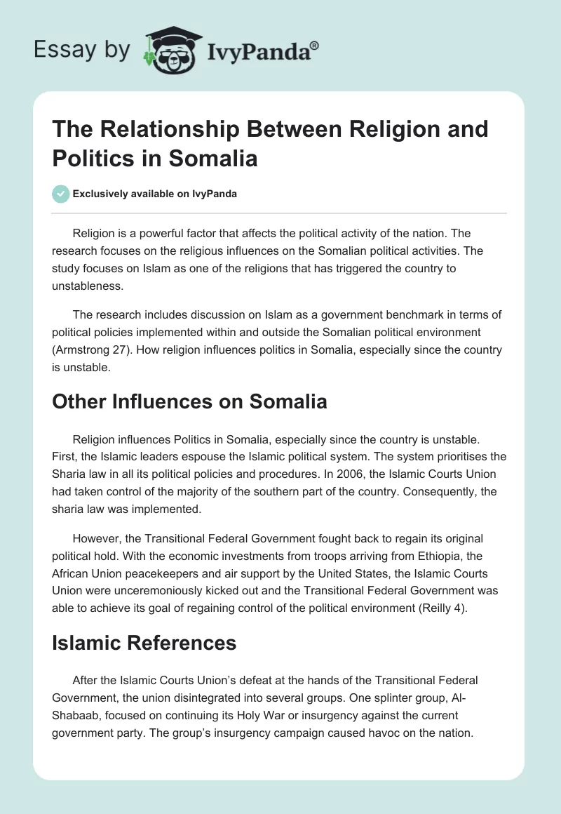 The Relationship Between Religion and Politics in Somalia. Page 1