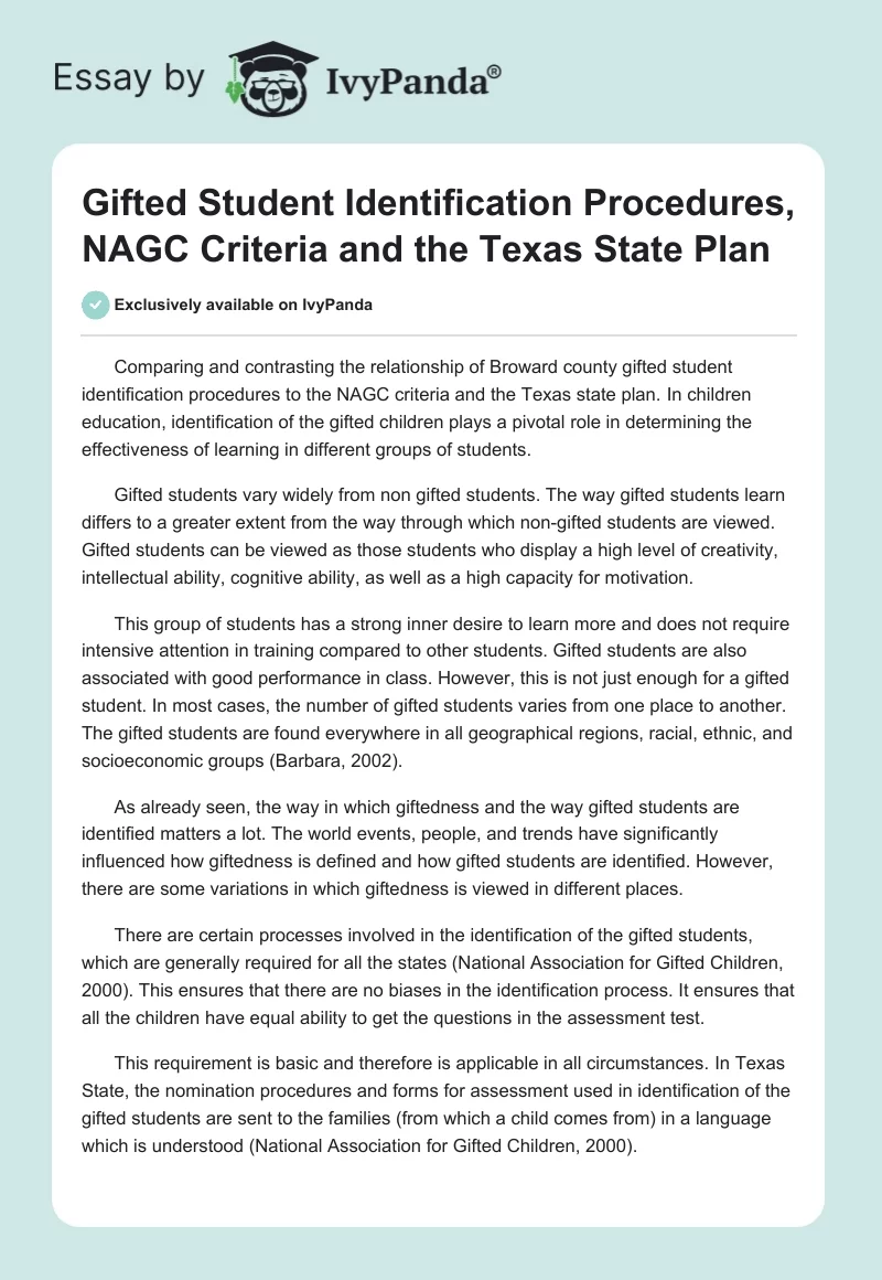 Gifted Student Identification Procedures, NAGC Criteria and the Texas State Plan. Page 1