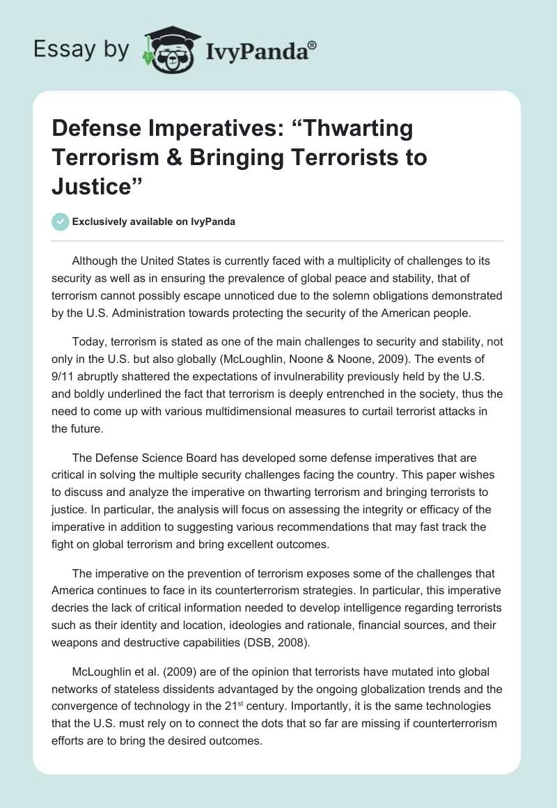 Defense Imperatives: “Thwarting Terrorism & Bringing Terrorists to Justice”. Page 1