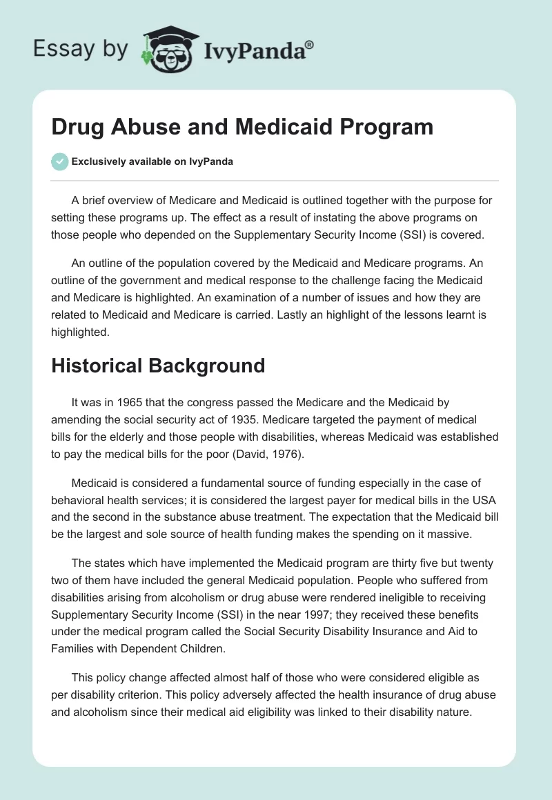 Drug Abuse and Medicaid Program. Page 1