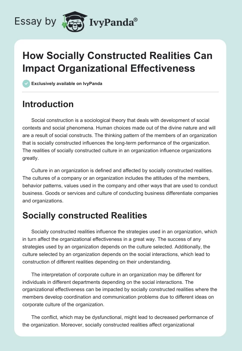 How Socially Constructed Realities Can Impact Organizational Effectiveness. Page 1