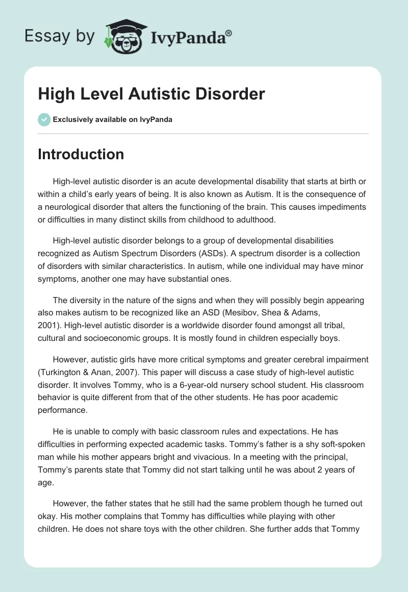 High Level Autistic Disorder. Page 1