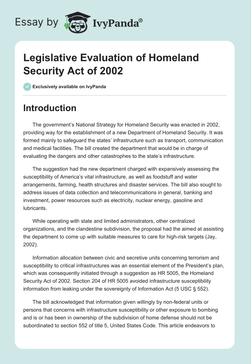 Legislative Evaluation of Homeland Security Act of 2002. Page 1