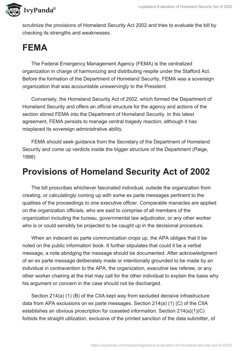 Legislative Evaluation of Homeland Security Act of 2002. Page 2