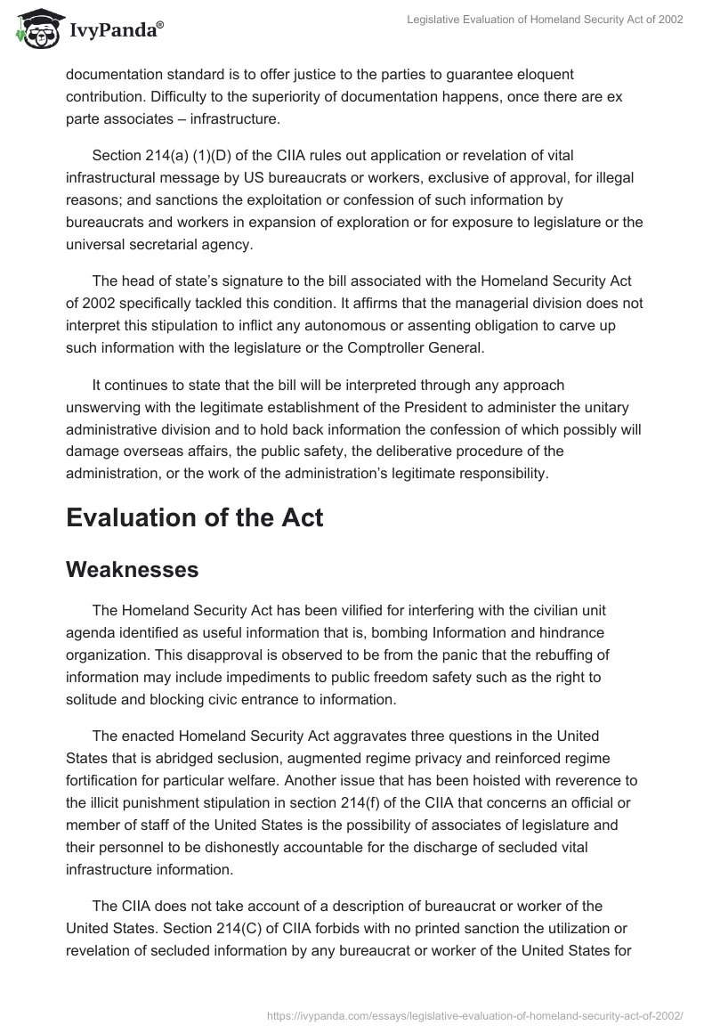 Legislative Evaluation of Homeland Security Act of 2002. Page 4