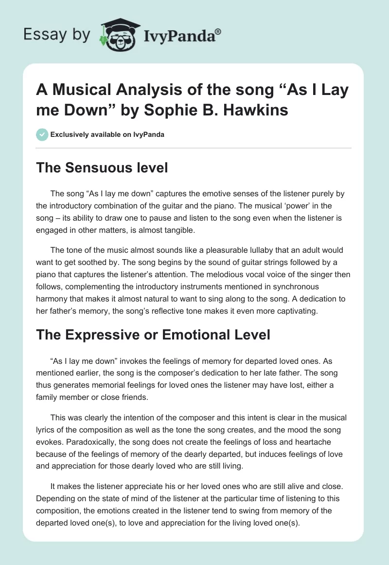 A Musical Analysis of the song “As I Lay me Down” by Sophie B. Hawkins. Page 1