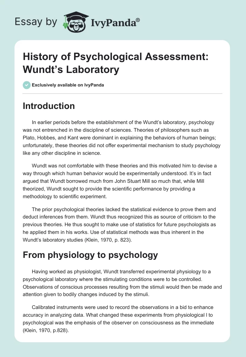 History of Psychological Assessment: Wundt’s Laboratory. Page 1