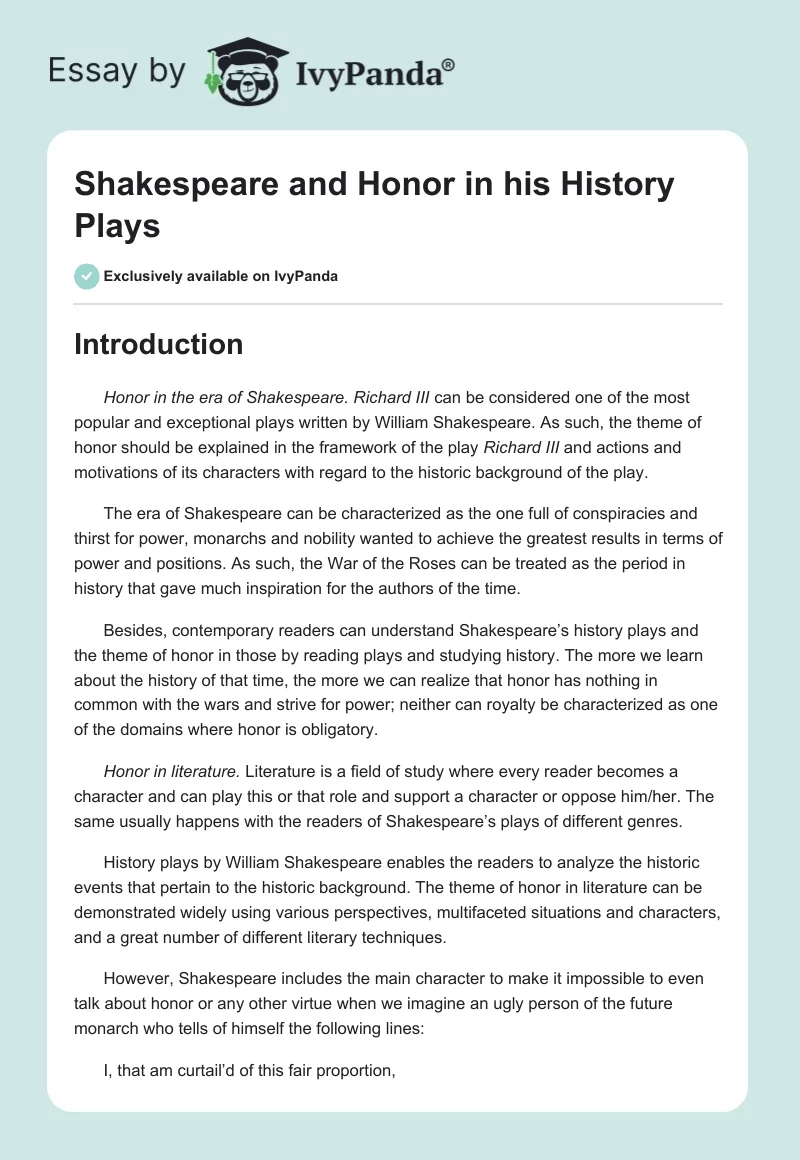 Shakespeare and Honor in his History Plays. Page 1