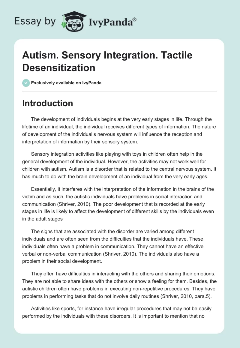 Autism. Sensory Integration. Tactile Desensitization. Page 1