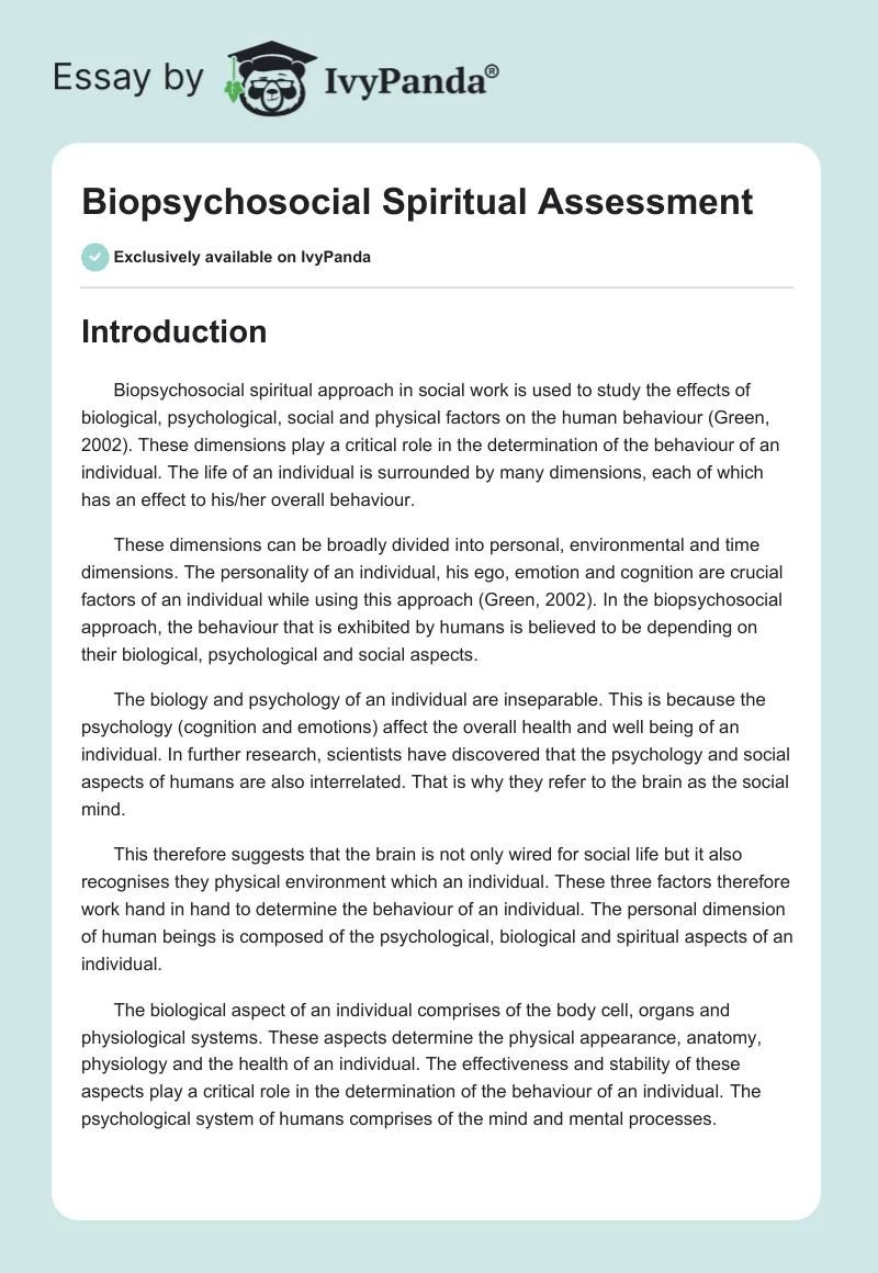 Biopsychosocial Spiritual Assessment. Page 1