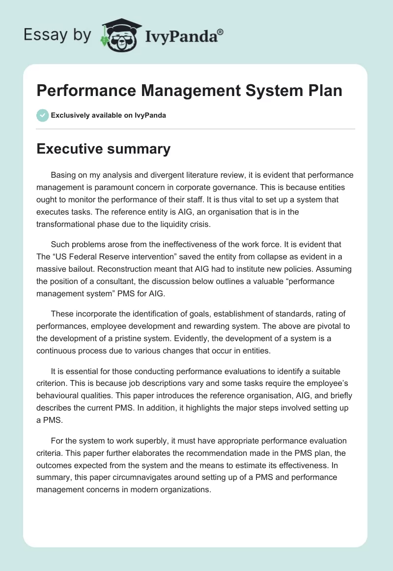 Performance Management System Plan. Page 1