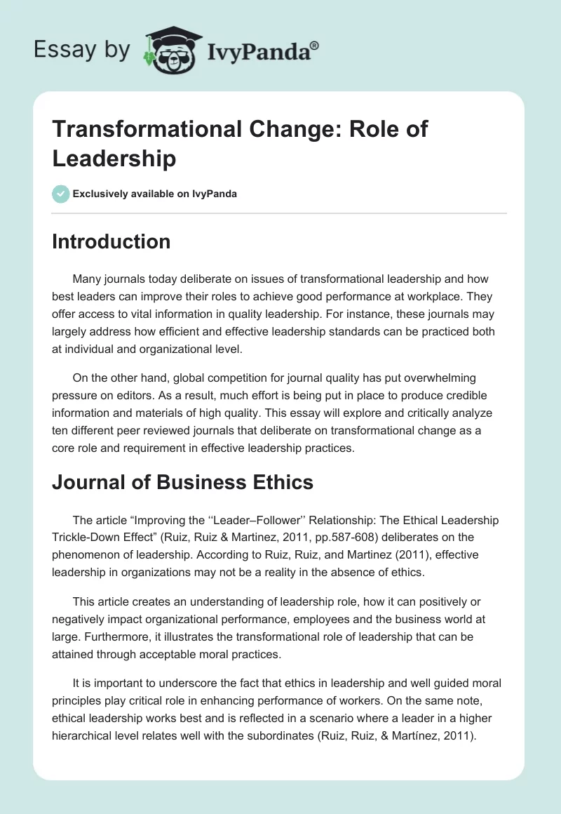 Transformational Change: Role of Leadership. Page 1