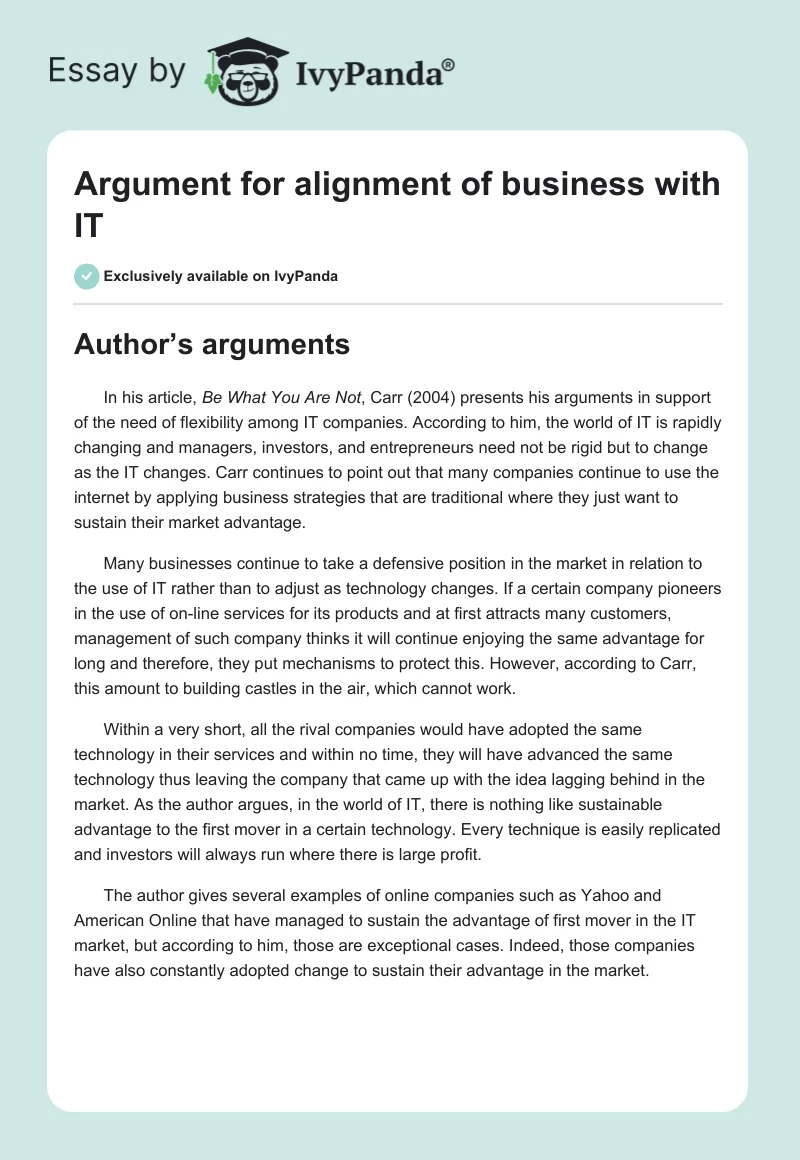 Argument for alignment of business with IT. Page 1