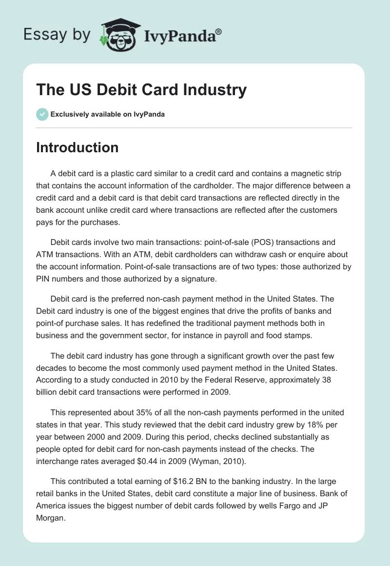 The US Debit Card Industry. Page 1