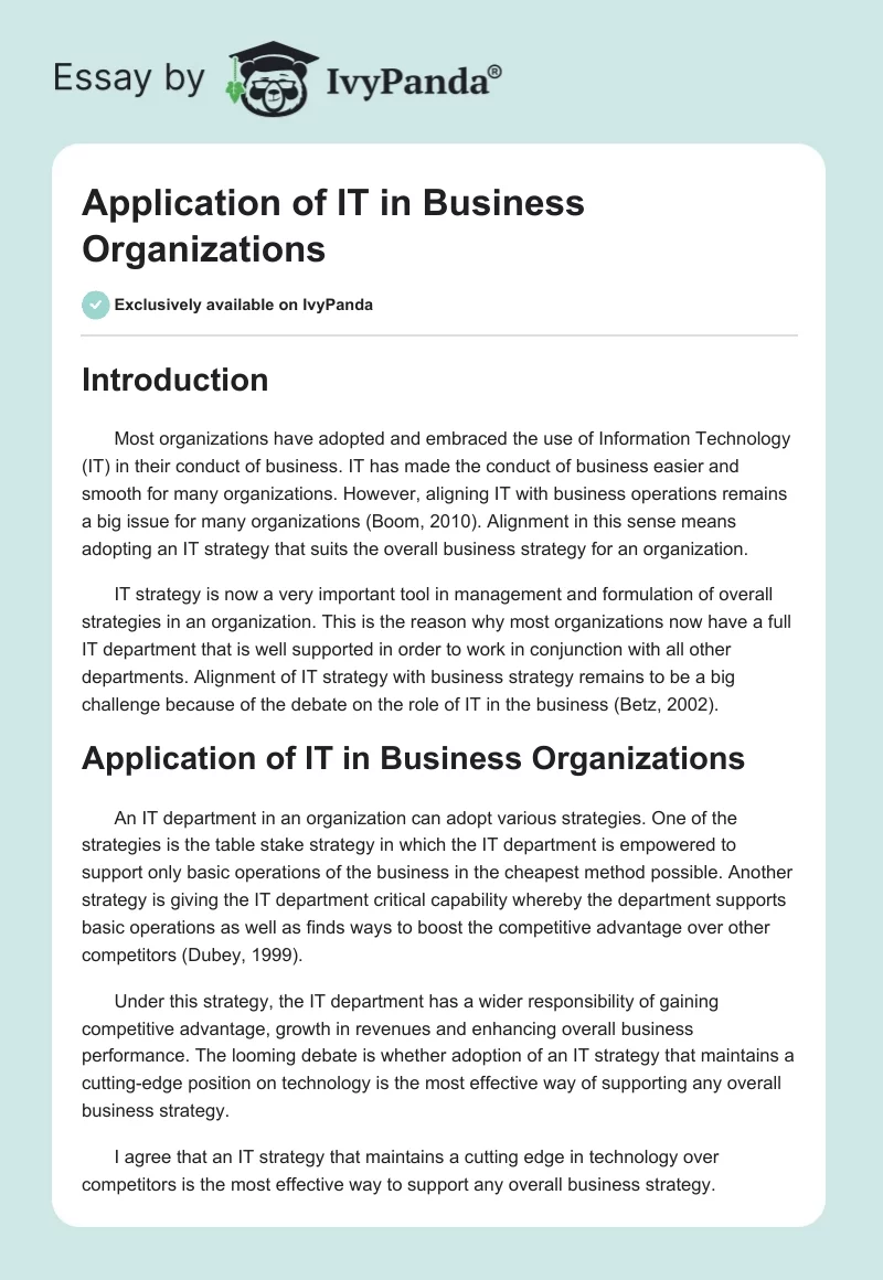 Application of IT in Business Organizations. Page 1