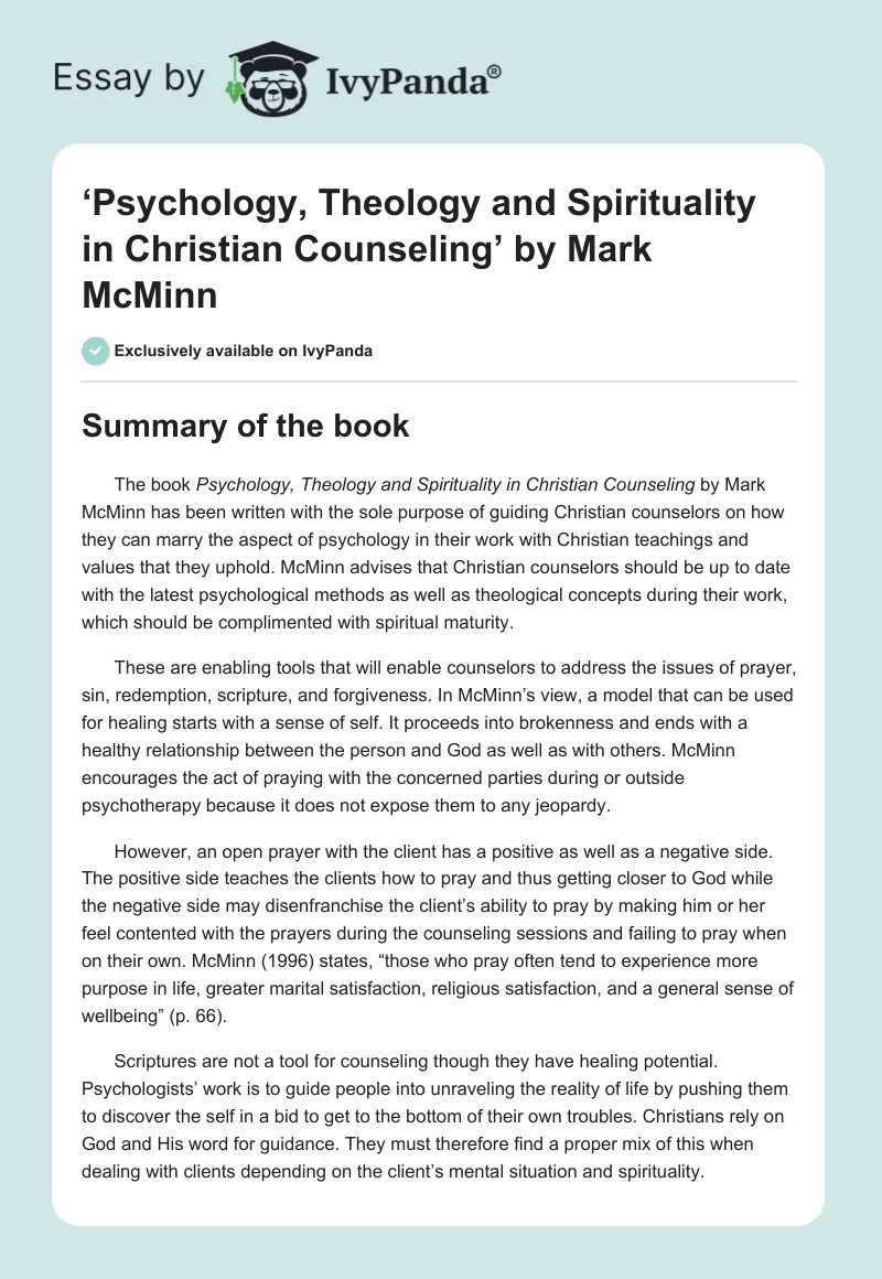 ‘Psychology, Theology and Spirituality in Christian Counseling’ by Mark McMinn. Page 1