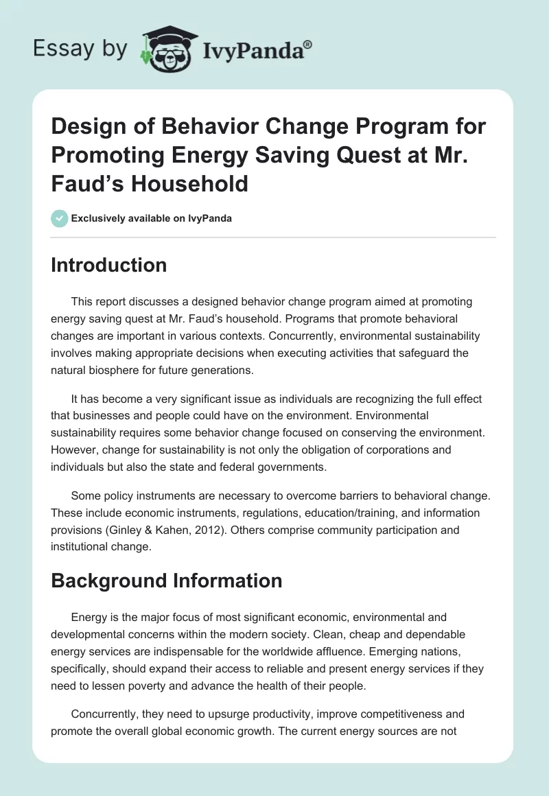 Design of Behavior Change Program for Promoting Energy Saving Quest at Mr. Faud’s Household. Page 1