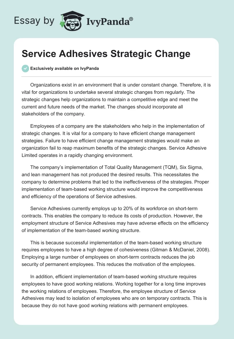 Service Adhesives Strategic Change. Page 1