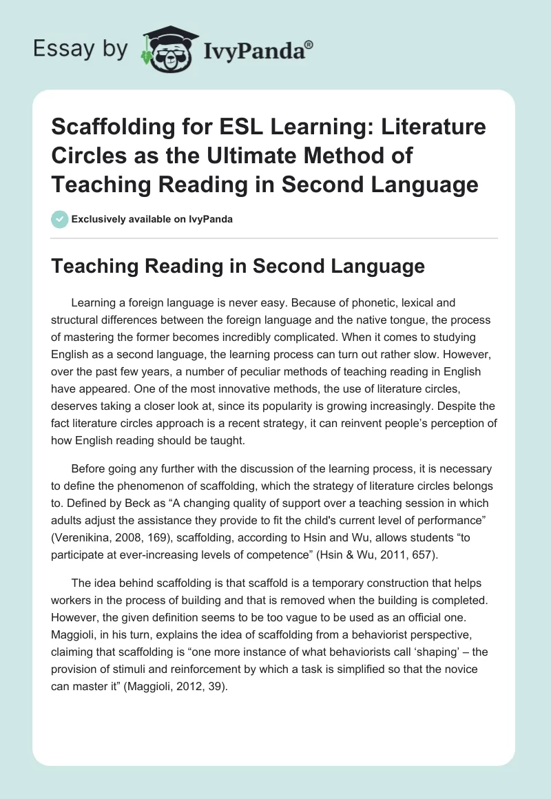 Scaffolding for ESL Learning: Literature Circles as the Ultimate Method of Teaching Reading in Second Language. Page 1