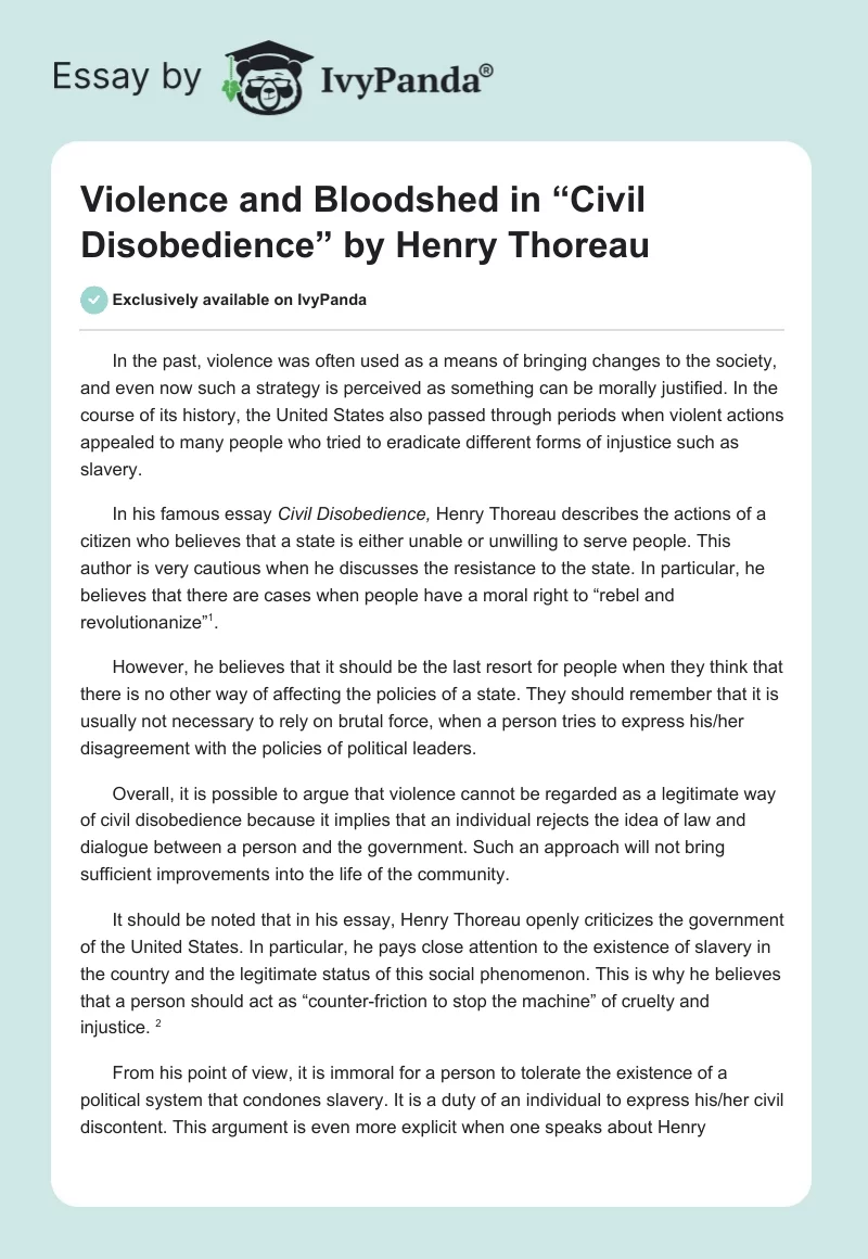 Violence and Bloodshed in “Civil Disobedience” by Henry Thoreau. Page 1