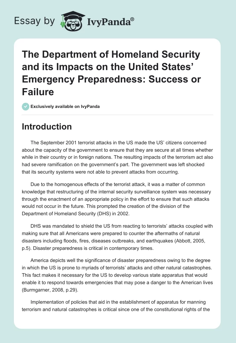 The Department of Homeland Security and its Impacts on the United States’ Emergency Preparedness: Success or Failure. Page 1