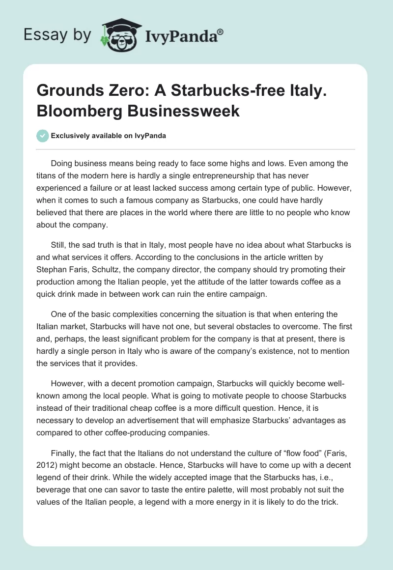 Grounds Zero: A Starbucks-free Italy. Bloomberg Businessweek. Page 1