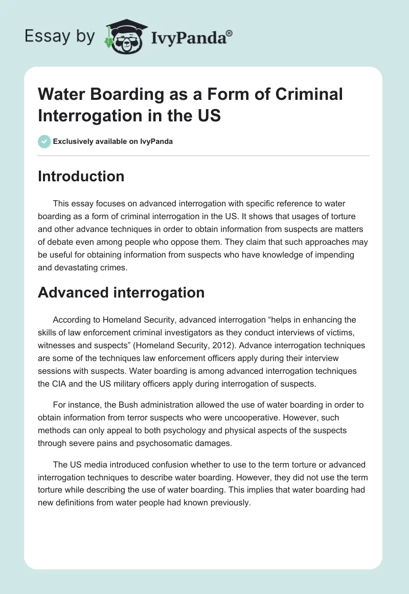 Water Boarding as a Form of Criminal Interrogation in the US. Page 1