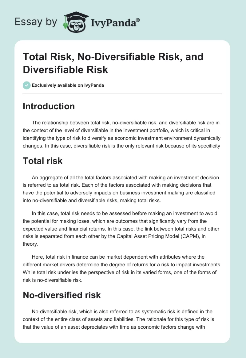 Total Risk, No-Diversifiable Risk, and Diversifiable Risk. Page 1