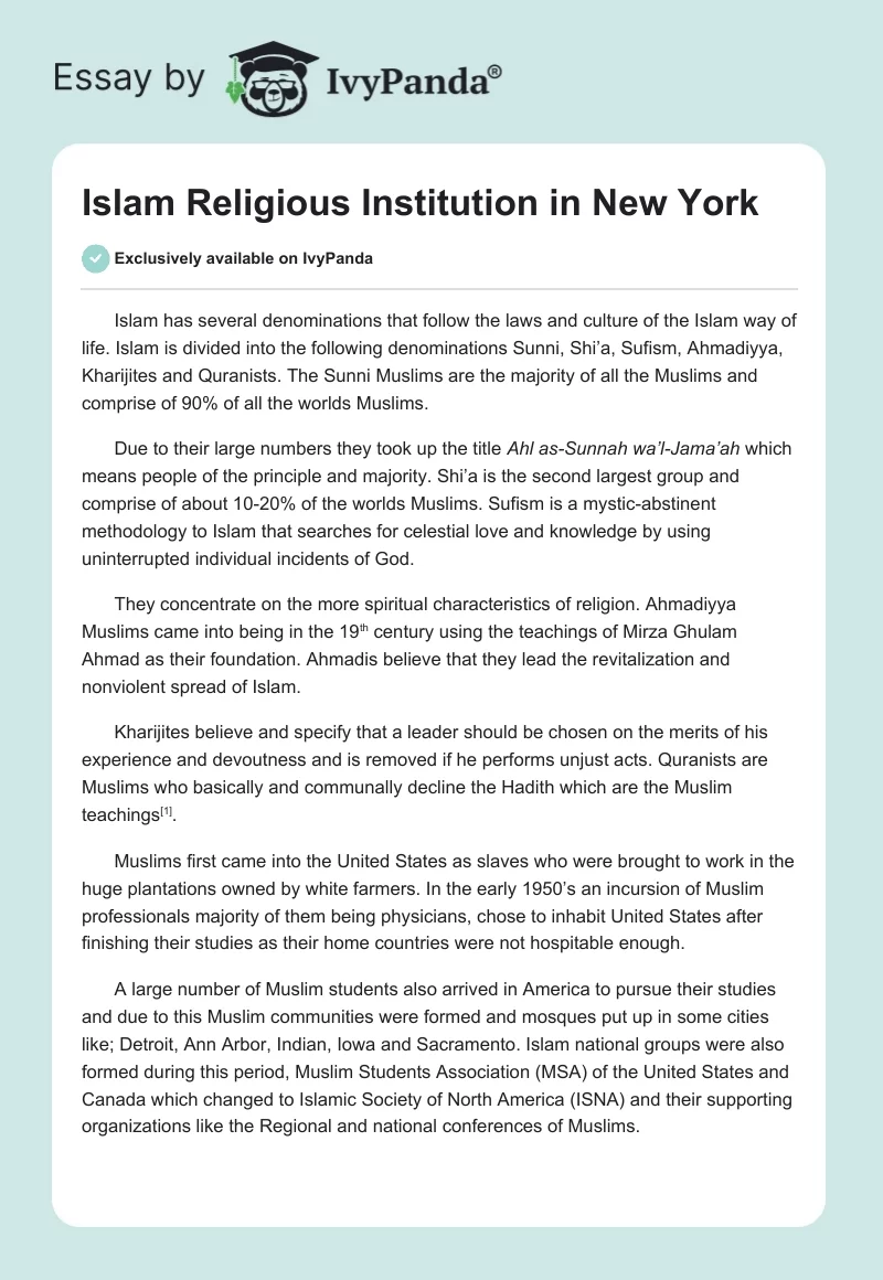 Islam Religious Institution in New York. Page 1