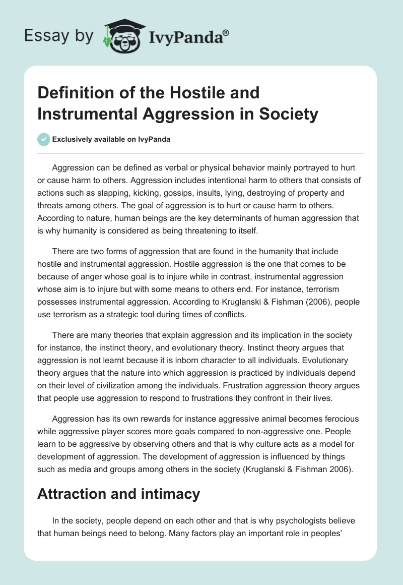 Definition of the Hostile and Instrumental Aggression in Society. Page 1