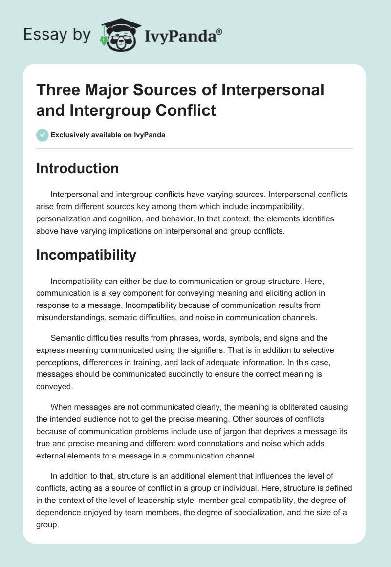 Three Major Sources of Interpersonal and Intergroup Conflict. Page 1