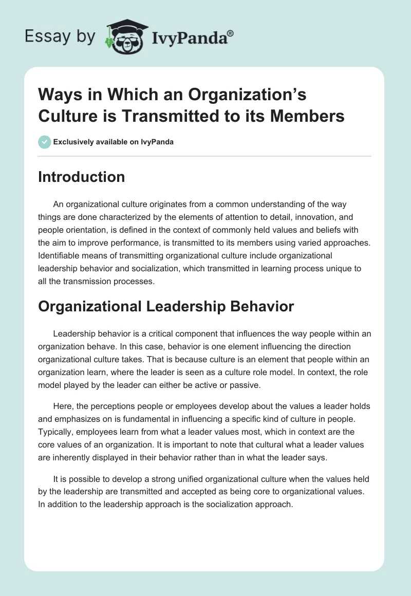 Ways in Which an Organization’s Culture is Transmitted to its Members. Page 1